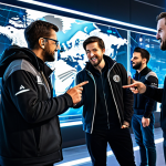 A diverse group of professional gamers, fully clothed in modest, team-branded gaming attire, gathered around a large holographic tactical map in a futuristic guild hall. One experienced leader, with a calm and encouraging expression, points towards a specific area on the map, engaging in a collaborative discussion with newer members who are attentively listening. The atmosphere is supportive and focused on learning and mutual growth. The scene emphasizes positive teamwork and mentorship. safe for work, appropriate content, fully clothed, professional, perfect anatomy, correct proportions, natural pose, well-formed hands, proper finger count, natural body proportions, high quality, professional photography.