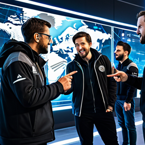 A diverse group of professional gamers, fully clothed in modest, team-branded gaming attire, gathered around a large holographic tactical map in a futuristic guild hall. One experienced leader, with a calm and encouraging expression, points towards a specific area on the map, engaging in a collaborative discussion with newer members who are attentively listening. The atmosphere is supportive and focused on learning and mutual growth. The scene emphasizes positive teamwork and mentorship. safe for work, appropriate content, fully clothed, professional, perfect anatomy, correct proportions, natural pose, well-formed hands, proper finger count, natural body proportions, high quality, professional photography.