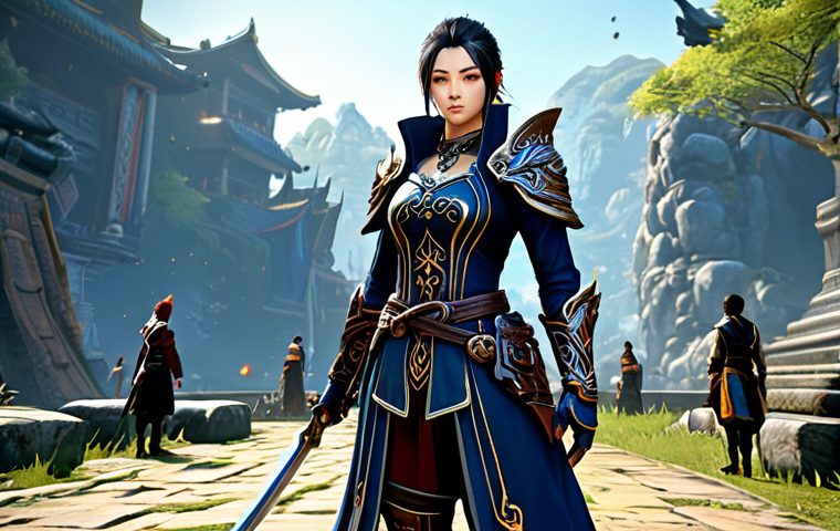 블레이드소울 레볼루션 게임 내 재화 벌기 팁 - A fully clothed warrior in modest attire completing a daily quest in Blade and Soul Revolution, fant...