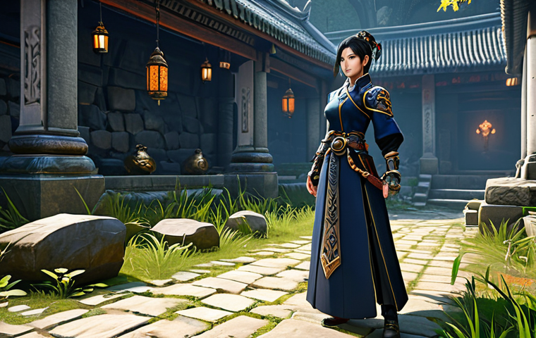 블레이드소울 레볼루션 게임 내 재화 벌기 팁 - A merchant in Blade and Soul Revolution, fully clothed in traditional attire, trading wares at a bus...